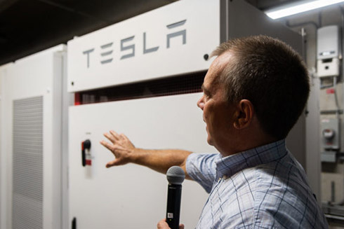 George Gerlaskie of Duke Energy describing how the new Tesla Battery solar storage system operates during the demonstration.