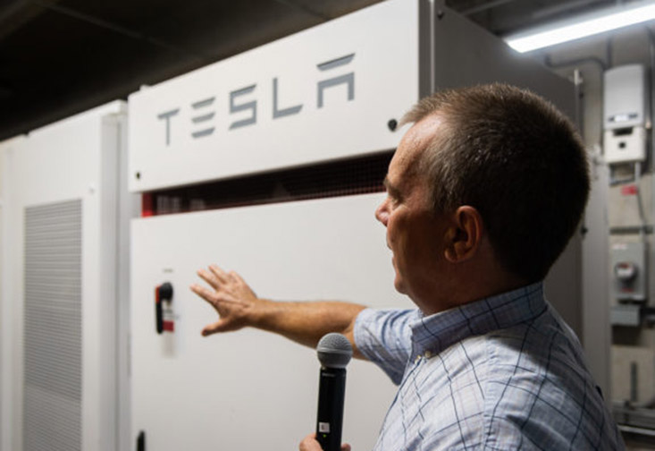 George Gerlaskie of Duke Energy describing how the new Tesla Battery solar storage system operates during the demonstration.