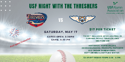 clearwater threshers graphic with information about the USF alumni night