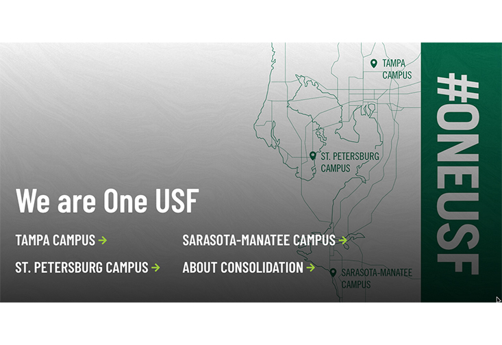 Map of the Tampa Bay area with text "We are One USF"