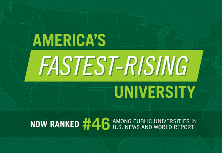 a drawing of the United States with the text: America's fastest rising university now ranked #46 among public universities in U.S. News and World Report