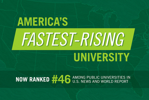 a drawing of the United States with the text: America's fastest rising university now ranked #46 among public universities in U.S. News and World Report