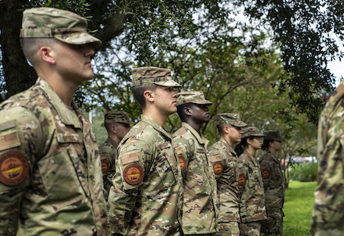 Military-connected students at a flag raising ceremony at USF.