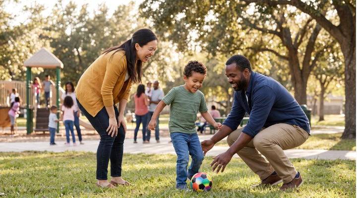 Two parents and a young child playing with a soccer ball outside near a park