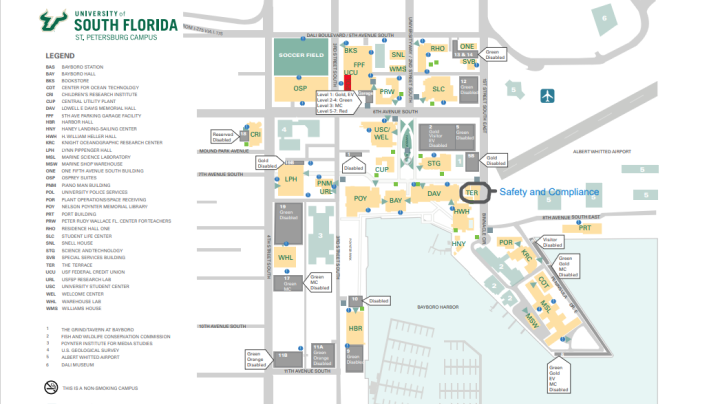 Map of campus showing that Safety & Compliance offices are located in the Terrace (TER)