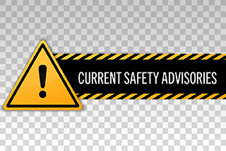 A yellow triangle with an exclamation point with the words current safety advisories
