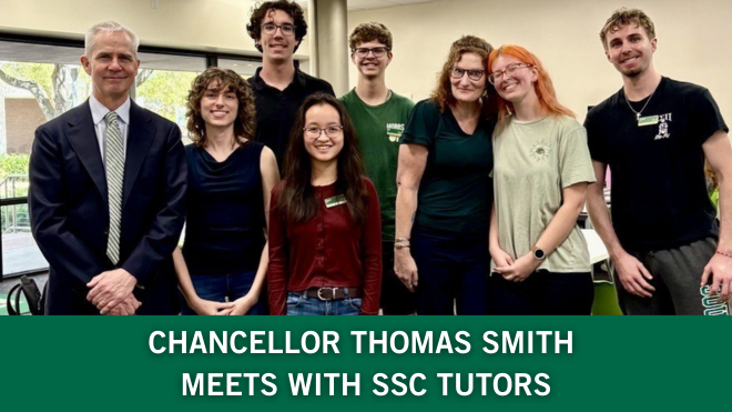 Interim Regional Chancellor Thomas Smith is pictured with six SSC and SSC Director Dr. CeCe Edwards.  Click here to read more about Chancellor Smith's visit and discussion with tutors!