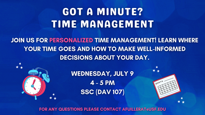 Got a minute? Join us in our FREE workshop on personalized time management! Learn where your time goes and how to make well-informed decisions about your day.